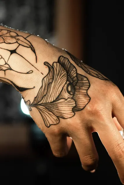 Blackwork floral tattoo with an eye on the back of a hand, fresh